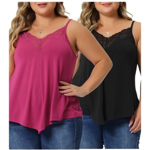Agnes Orinda Women's Plus Size Lace Front V-Neck Sleeveless Spaghetti Strap Packs Camisoles - 1 of 4