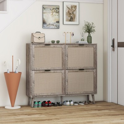 ALEXOUN Space-Saving 4-Door Flip Shoe Storage Cabinet with Adjustable Shelves-Natural Rattan Finish for Entryway,Hallway,Small Homes