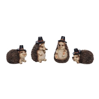 Transpac Medium Resin Hedgehog Figurine Set of 4 with Pilgrim Hat for Fall Harvest Tabletop Decor Indoor Gifts
