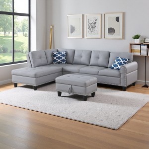L-Shaped 3-Piece Sectional Sofa with Storage Ottoman & Cup Holders - 1 of 4
