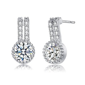 Sophisticated White Gold-Plated Solitaire Milgrain Double Drop Earrings with Sparkling Cubic Zirconia - 1 of 3
