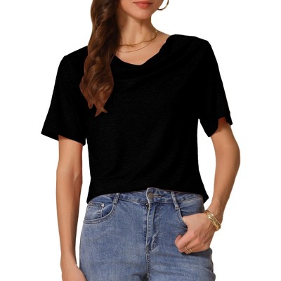 INSPIRE CHIC Women's Cowl Neck Short Sleeve Casual Stretchy Shirts