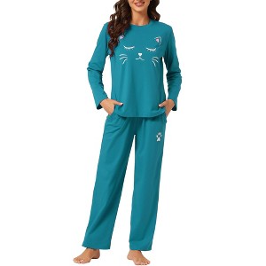 cheibear Women's Lounge Cute Cat Long Sleeve Tops with Pants Pajama Set - 1 of 4