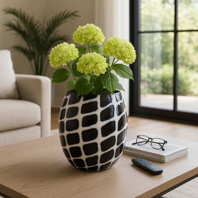 Modern Glass Vase with Abstract Geometric Pattern - Decorative Flower Vase Perfect for Table Centerpiece, Office Accent, or Home Decor - 12", Black