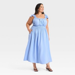 Women's Sleeveless Modern Gauze Femme Ruched Maxi Dress - A New Day Blue  XXL