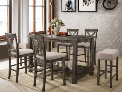 Tan Linen and Weathered Oak Backless Saddle Counter Stool