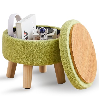 KTMBDW Storage Ottoman, Modern Round Footrest with Soft Padded Seat, Teddy Velvet Footstool with Wood Legs,Accent Small Table for Hallway, Living Room