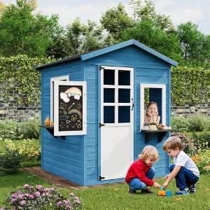 Wooden Kids Playhouse Cottage with Chalkboard, Outdoor Indoor Cottage Toddler Playhouse with Windows, Flowerpot Holders and Working Door - 1 of 4