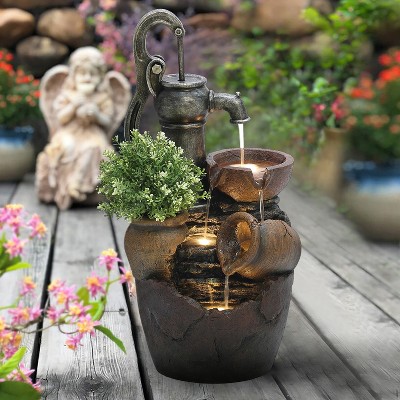 Rustic Brown Poly-Resin Farmhouse Pump and Pots Fountain with LED Lights