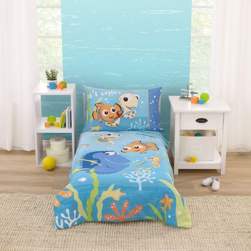 Disney Finding Nemo Aqua, Orange, and Green Let's Explore 4 Piece Toddler Bed Set, 1 of 7