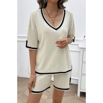I am a Fashion Junky Knit Solid Deep V Neck Loose Drawstring Loose Set