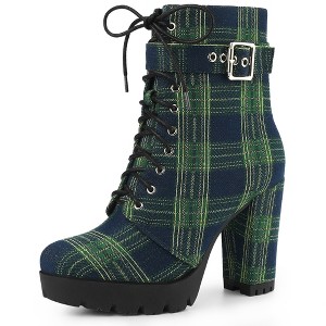Perphy Women's Platform Lace Up Chunky Heel Plaid Printed Ankle Boots - 1 of 3