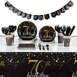 Blue Panda 170-Piece 70th Birthday Party Supplies, Serves 24 Black and Gold Plates, Napkins, Cups, Cutlery, Tablecloth and Banner