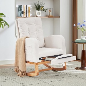 VECELO Modern Upholstered Rocking Chair with Padded Seat & Solid Wood Base, Linen Rocker Armchair for Living Room, White/Gray - 1 of 4