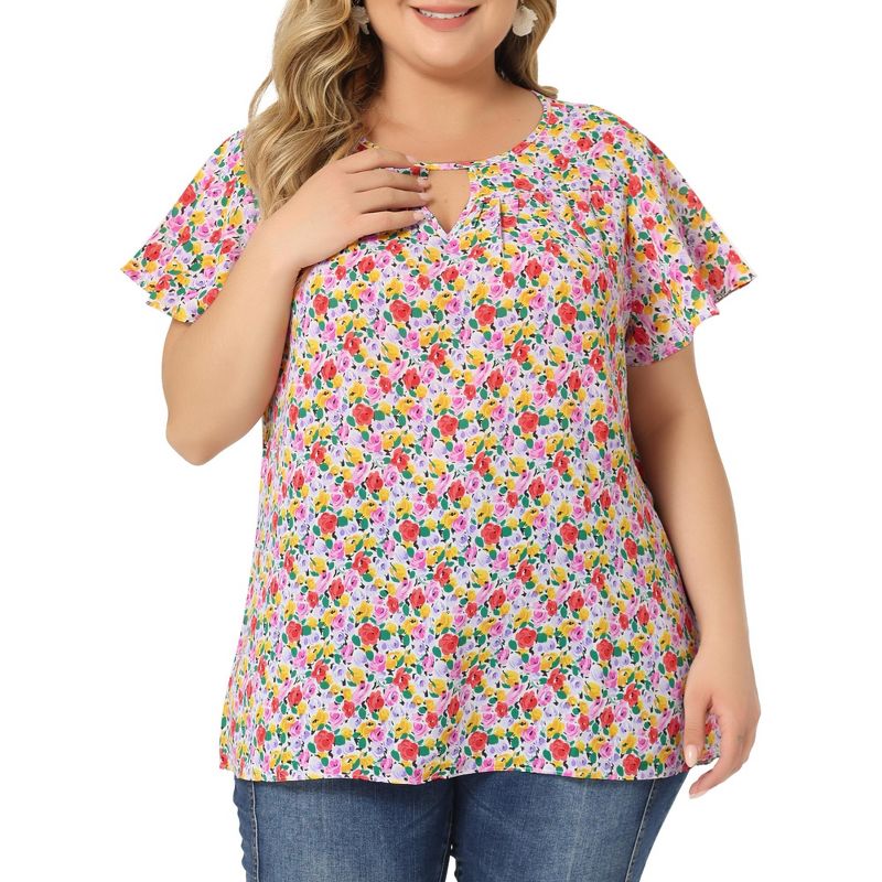Agnes Orinda Women's Plus Size Keyhole Floral Chiffon Short Flared Sleeve Summer Trendy Peasant Tops, 3 of 8