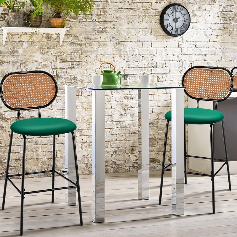 Costway Set of 2 Bar Stools Faux Leather Bar Height Kitchen Chairs with Rattan Back Brown/Green, 4 of 11