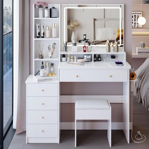 CAVINAS Vanity Desk with Mirror Large Size Left Makeup Vanity Set with 2 AC+2 USB Power Station, Hair Dryer Stand and Cushioned Stool - 1 of 4