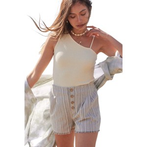 Slickblue Women's Trendy Striped Woven Shorts - Frayed Hem, Taupe and Black, Size S-L - 1 of 4