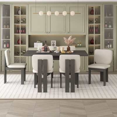 7 Piece Dining Set, Dining Set Solid Wood, Dining Table Set For 6 With Upholstered Chairs And Designed Trestle Base For Kitchen-Cuddlewood