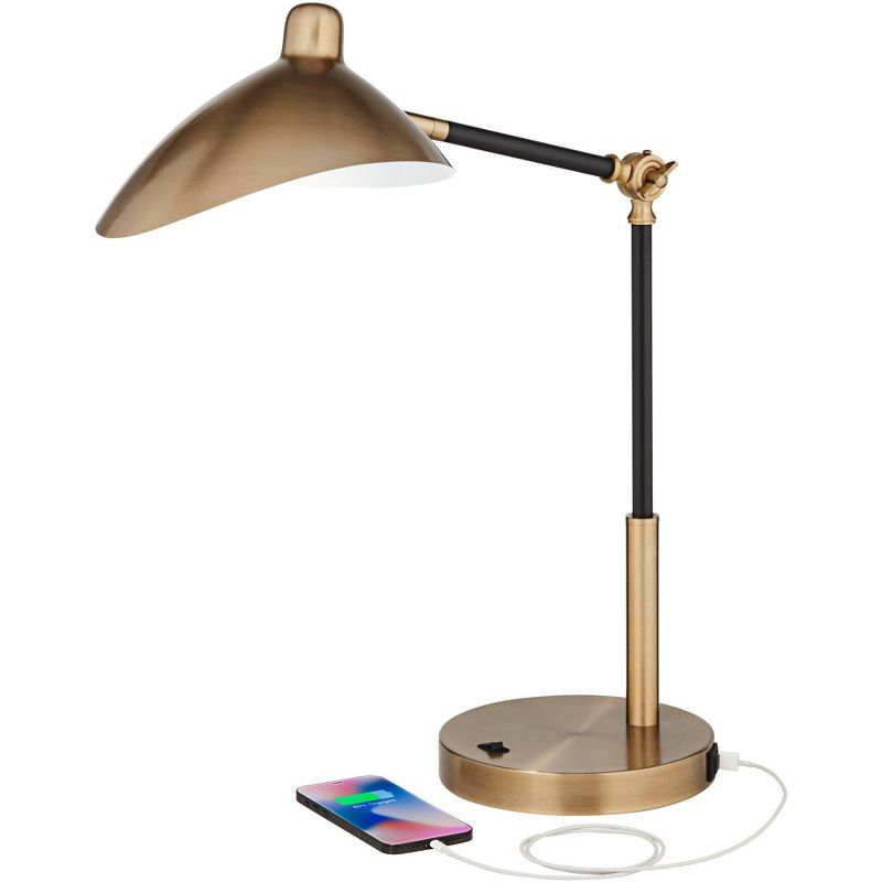 360 Lighting Colborne Modern Mid Century Desk Table Lamp 28" Tall Antique Brass Black with USB Charging Port LED for Bedroom Living Room Bedside Kids, 3 of 10