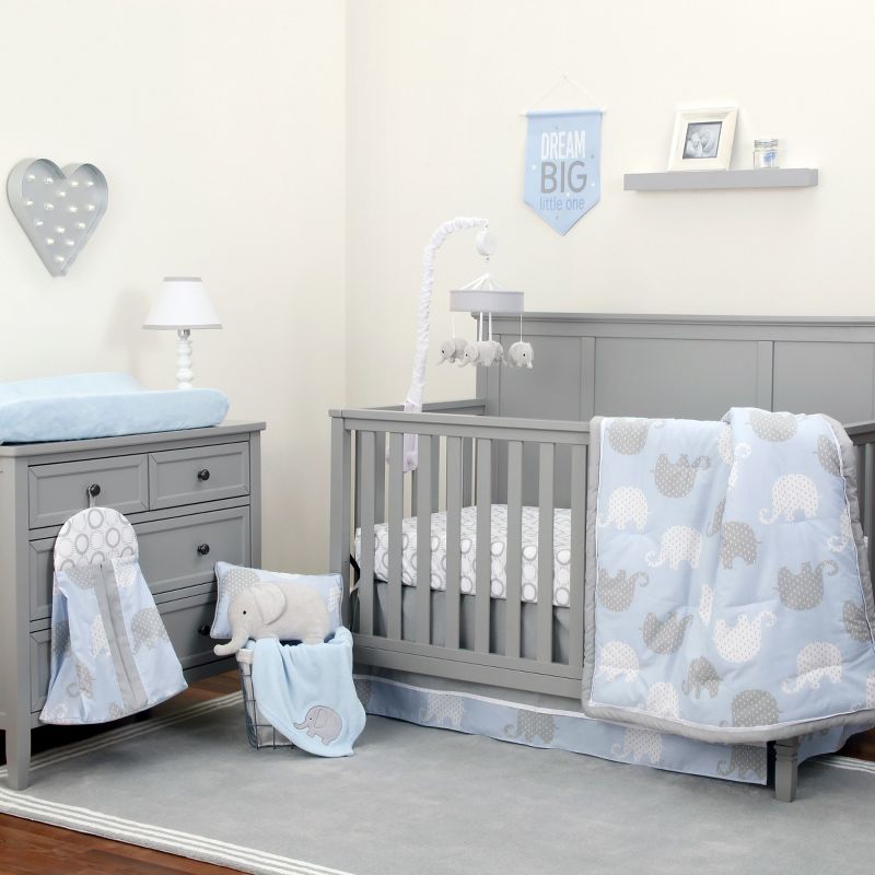 NoJo Dreamer Elephant Blue, Grey 8 Piece Nursery Crib Bedding Set, 1 of 10