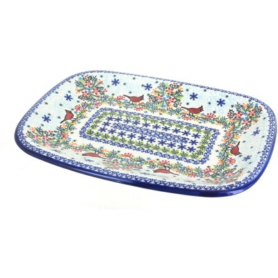 Blue Rose Polish Pottery Winter Cardinal Large Rectangular Platter