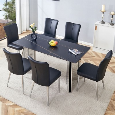 NicBex Dining Table Set for 6 Black Marble-Patterned Slabs Tabletop with Stainless Steel Butterfly Legs with 6 PU Chairs for Kitchen