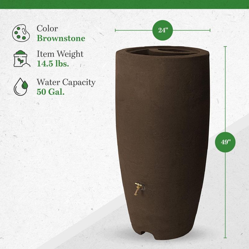 Algreen Athena 80 Gallon Plastic Outdoor Rain Barrel with Brass Spigot and Screen Guard for Rain Water Collection and Storage, Brownstone, 6 of 8