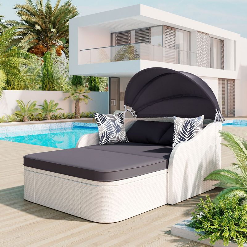 Outdoor Sunbed with Adjustable Canopy, PE Rattan Daybed with Double lounge- ModernLuxe, 2 of 12