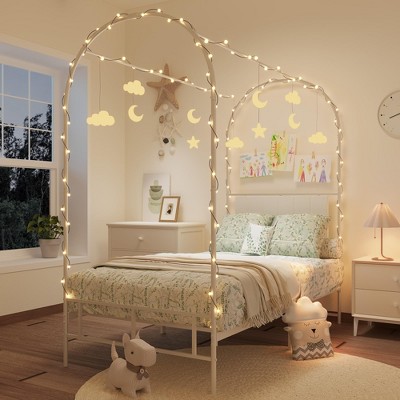 Twin Canopy Bed Frame with Upholstered Headboard, Metal Canopy Bed Frame with Under-Bed Storage & Strong Slats Support, No Box Spring Needed