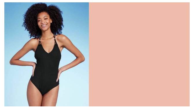 Women's Ribbed Bead Knot Detail One Piece Swimsuit - Shade & Shore™ Black, 2 of 7, play video