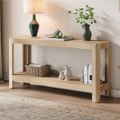 Modern Farmhouse Console Table with Wood Veneer Top and Rounded Corners,Natural Entryway or Living Room Accent Table–The Pop Home