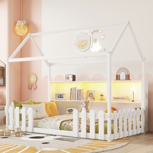 78in Twin House Bed with LED Light Storage Shelf and Guardrails for Kids Floor Bedroom -3irtyhousy - 1 of 4