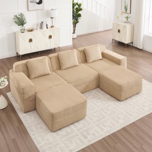U‑Shape Corduroy Modular Sectional Sofa, 3-Seat Sofa with 2 Movable Ottomans, Modern Sofa with Throw Pillows for Living Room-Koiai - 1 of 4