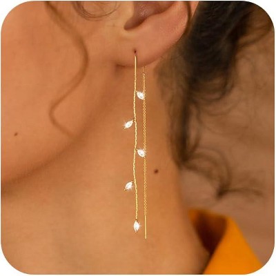 14K Gold Plated Dainty Threader Earrings for Women – Hypoallergenic Long Chain Drop Earrings for Wedding & Party