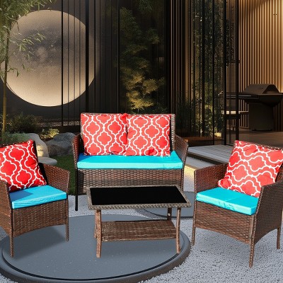 Outdoor 4 Pcs Patio Furniture Set, PE Rattan Sofa Set with Loveseat and Glass Top Table, Sofas with PE Cushions-Coolbibila