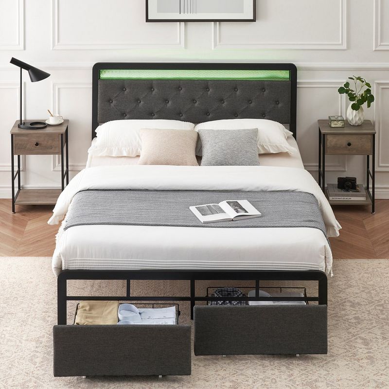 Queen Upholstered Bed Frame with LED Lights and 2 Storage Drawers, Platform Bed with Button Tufted Headboard,Strong Metal Slats Support,Dark Gray, 3 of 11