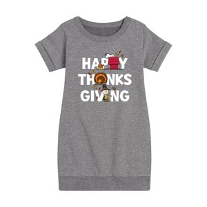 Girls' - Peanuts - Happy Thanksgiving Icons Graphic Short Sleeve Fleece Dress - 1 of 4