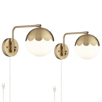 360 Lighting Modern Swing Arm Wall Lamps Set of 2 Brass Metal Plug-In Light Fixture Round Glass Globe Shade Bedroom Bedside House