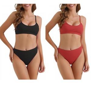 INSPIRE CHIC Women's Adjustable Spaghetti Straps Ribbed High Waist Bottoms Swimwear Bathing Bikini Suits 2 Sets - 1 of 4