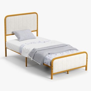 Infans Twin Gold Metal Bed Frame Upholstered Platform Bed with Velvet Headboard - 1 of 4