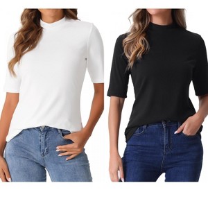 INSPIRE CHIC Women's Half Sleeve Casual Turtleneck Solid Elastic Soft T-Shirts 2 Packs - 1 of 4