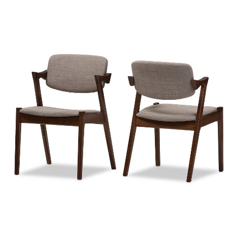 Set of 2 Elegant Mid - Century Wood and Fabric Upholstered Dining Armchairs  - Light Gray, 