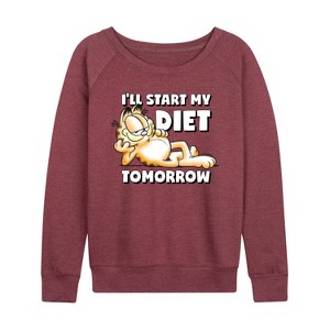 Women's - Garfield - Start My Diet Tomorrow Lightweight French Terry Wide Neck Long Sleeve Shirt - 1 of 4