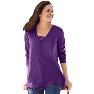Woman Within Plus Size Layered-Look Lace Trim Tee - 1 of 4