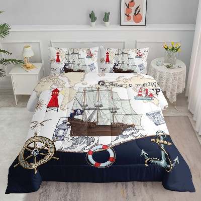 Acoinel 3 Pcs Nautical Pirate Ship Lightwight Ultra Soft Comforter Set with 2 Pillowcases