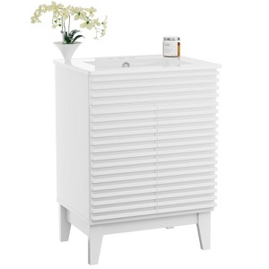 ROOMTEC 24 in. Bathroom Vanity with Ceramic Sink, Mid-Century Cabinet with 2 Soft-Close Doors, Freestanding, Wood Grain Laminate, Walnut - 1 of 4