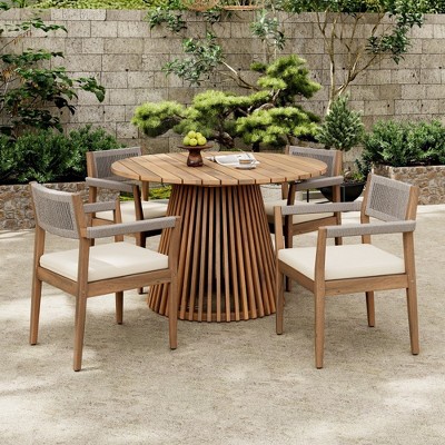 5 PCS Patio Dining Set with Round Slatted Table, Braided Rope Armrest Chairs, Acacia Wood Dining Chairs with Polyester Cushion-Coolbibila