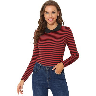 INSPIRE CHIC Women's Long Sleeves Contrast Peter Pan Collar Striped Blouse Top