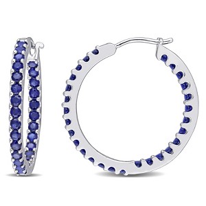 EVERLY JEWELRY | 10k White Gold 2 4/5 CT TGW Created Blue Sapphire Inside Outside Hoop Earrings - 1 of 4